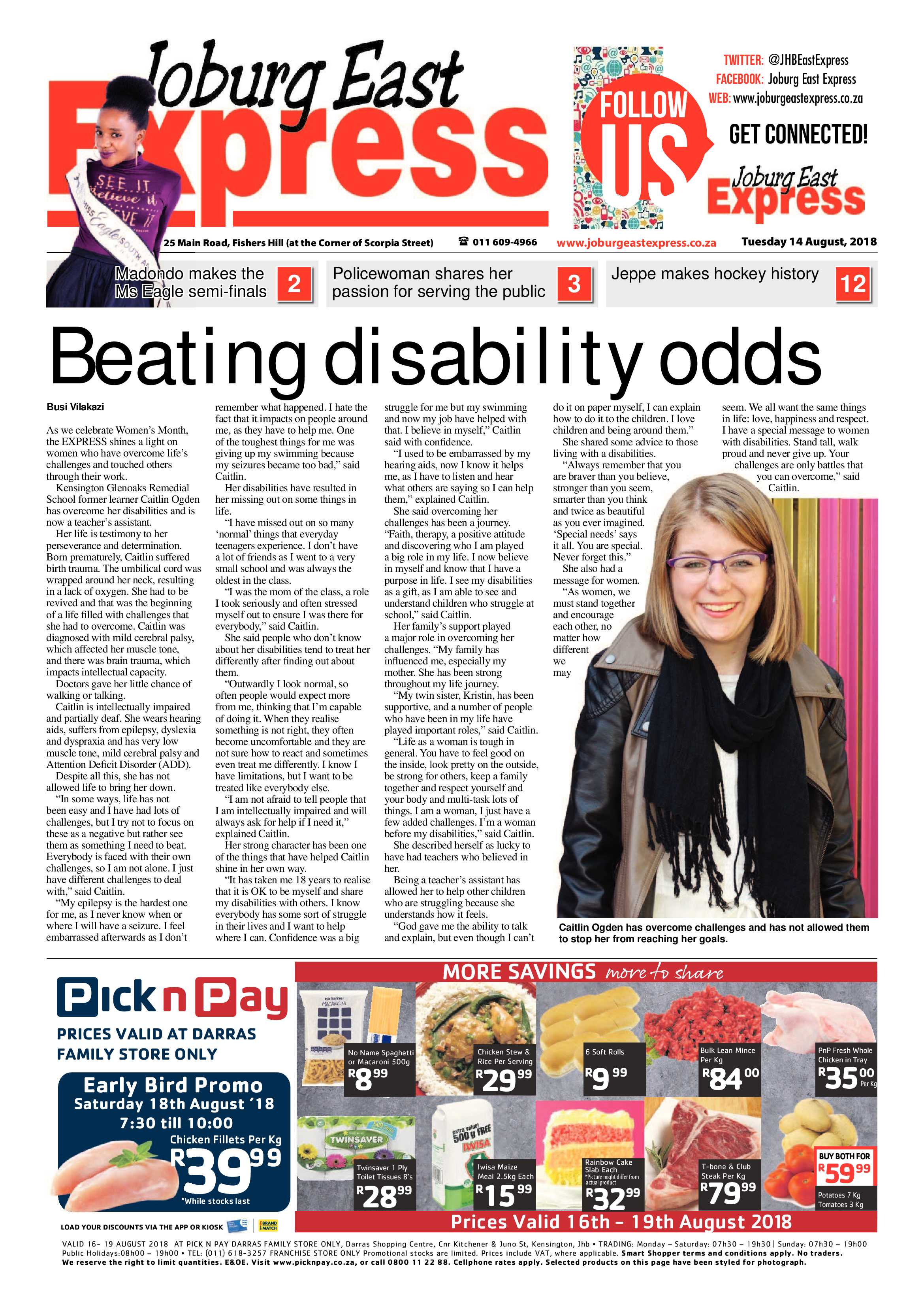 Joburg East Express 14 August 2018 page 1