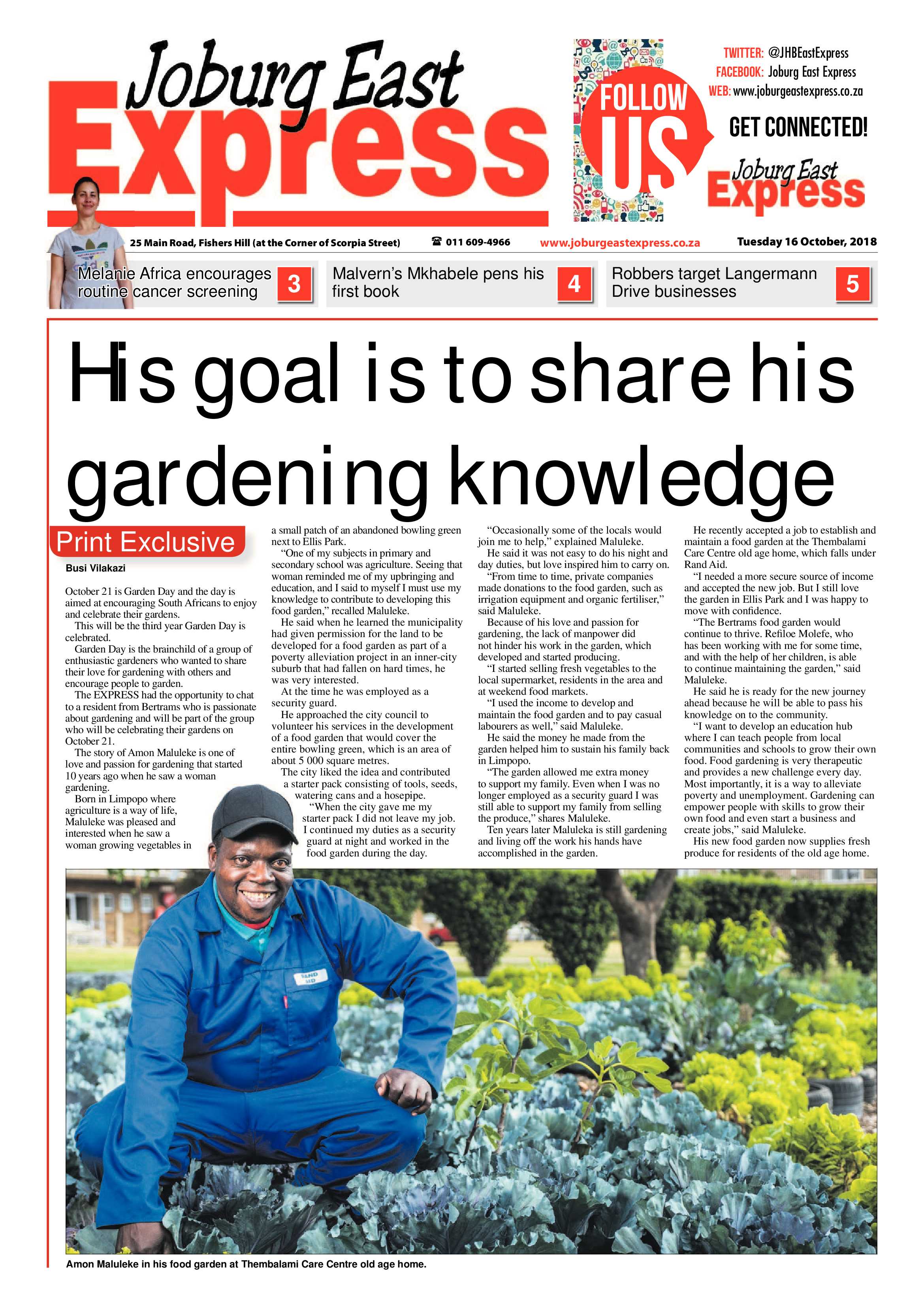 Joburg East Express 16 October 2018 page 1