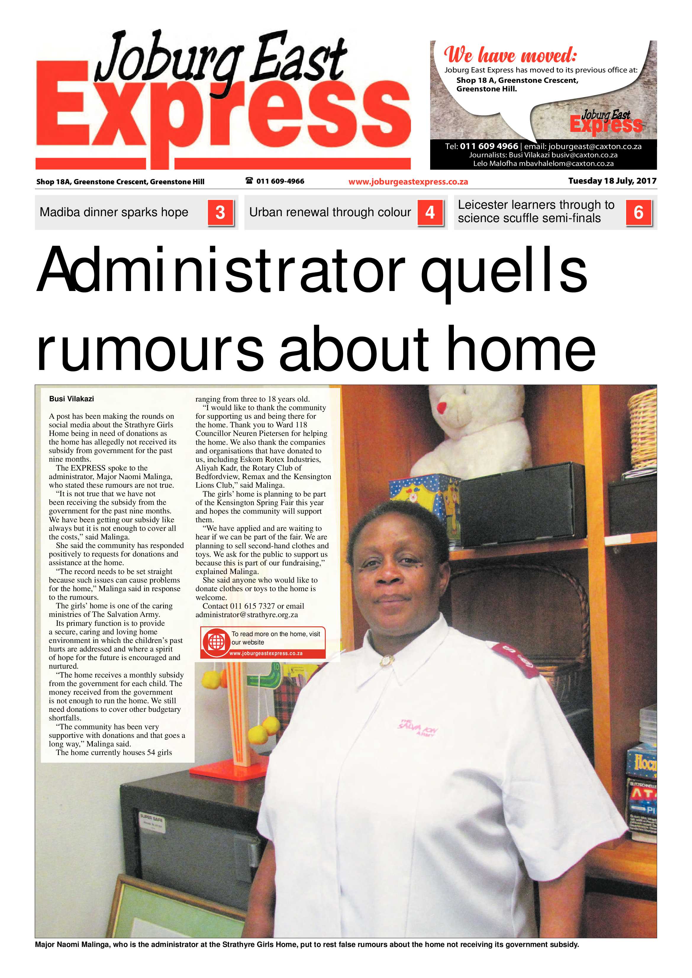 Joburg East Express 18 July 2017 page 1