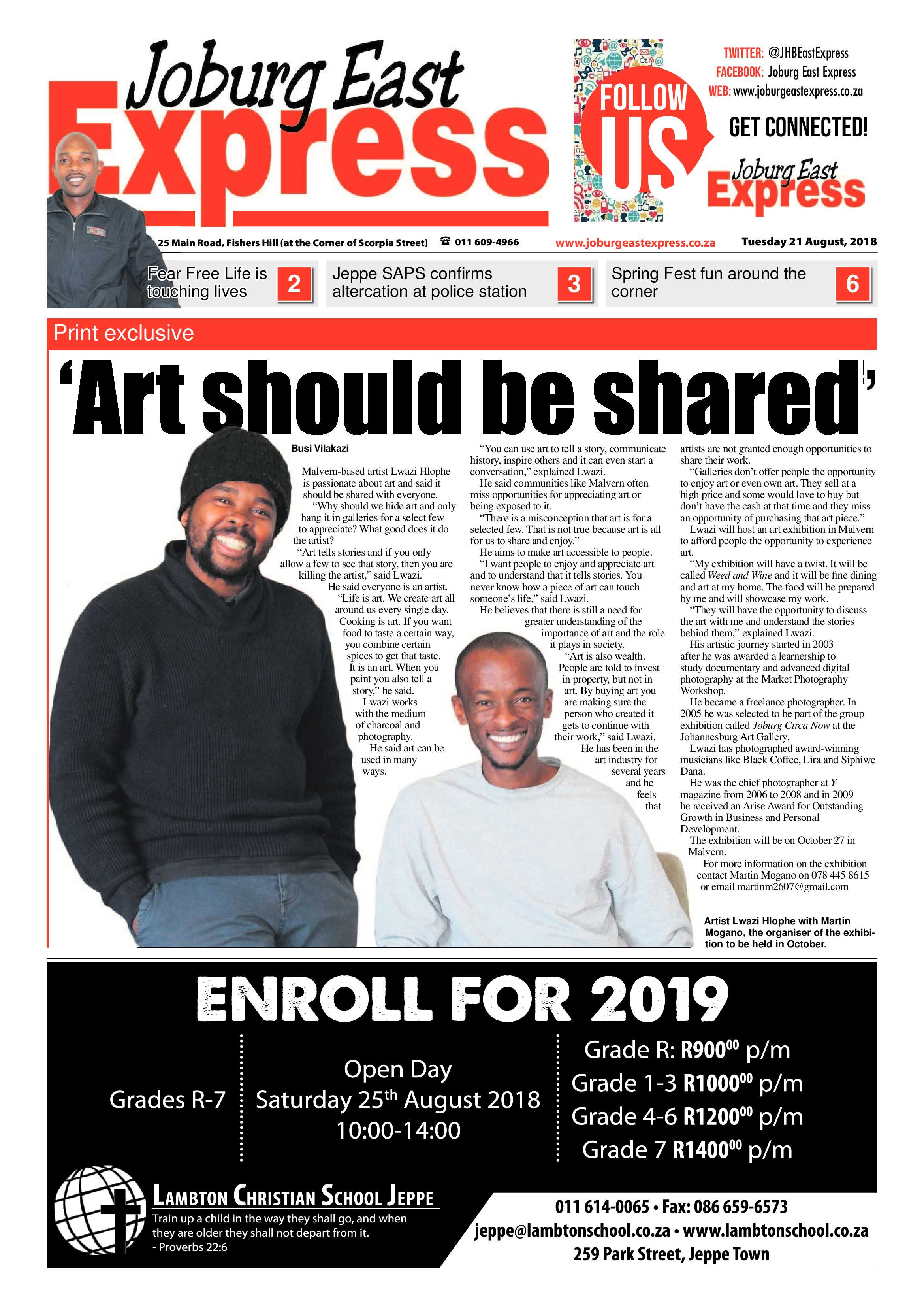 Joburg East Express 21 August 2018 page 1